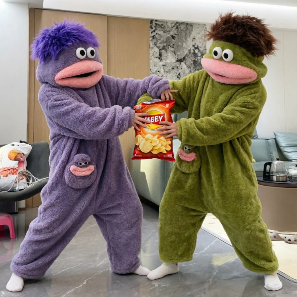 Adult Big Mouth Monster Onesie Pajamas Winter Thick Coral Fleece Warm Funny Ugly Cute Loungewear Unisex Sleepwear Green Purple