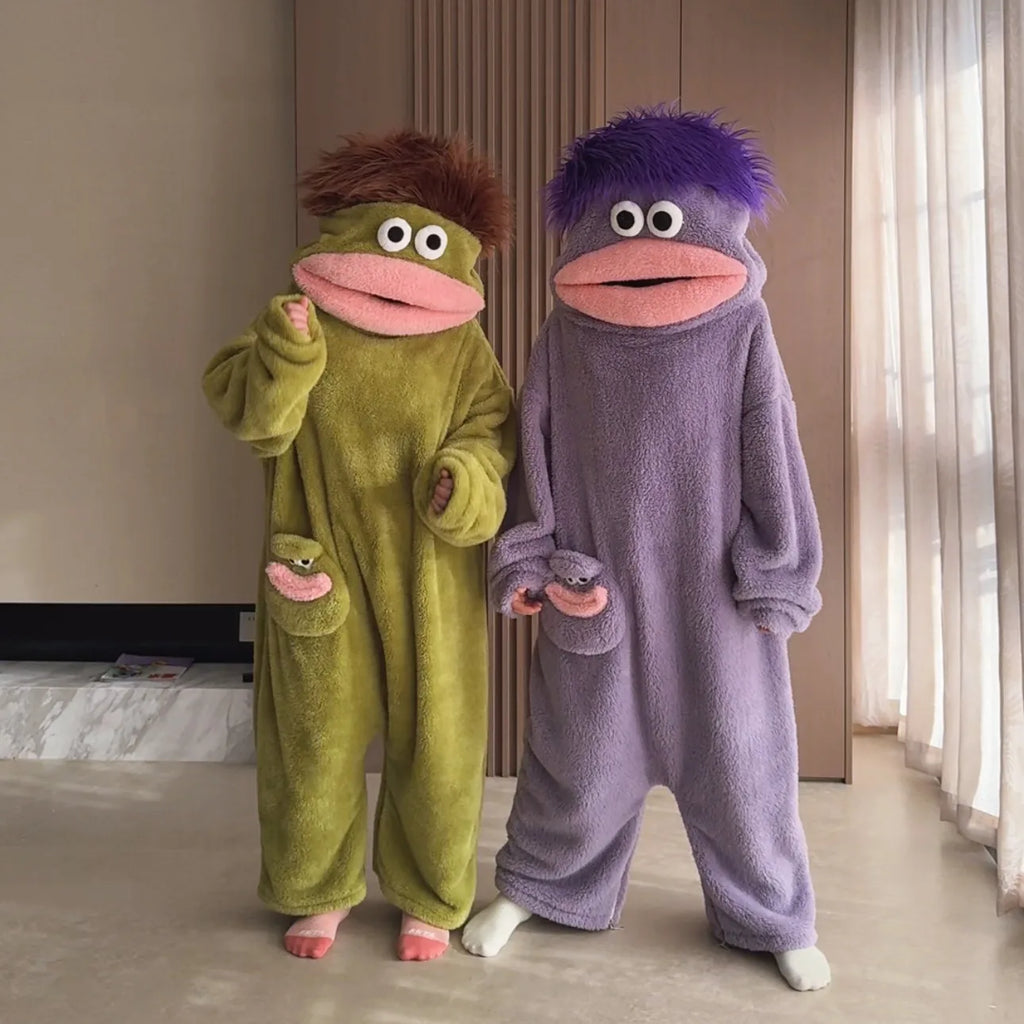 Adult Big Mouth Monster Onesie Pajamas Winter Thick Coral Fleece Warm Funny Ugly Cute Loungewear Unisex Sleepwear Green Purple