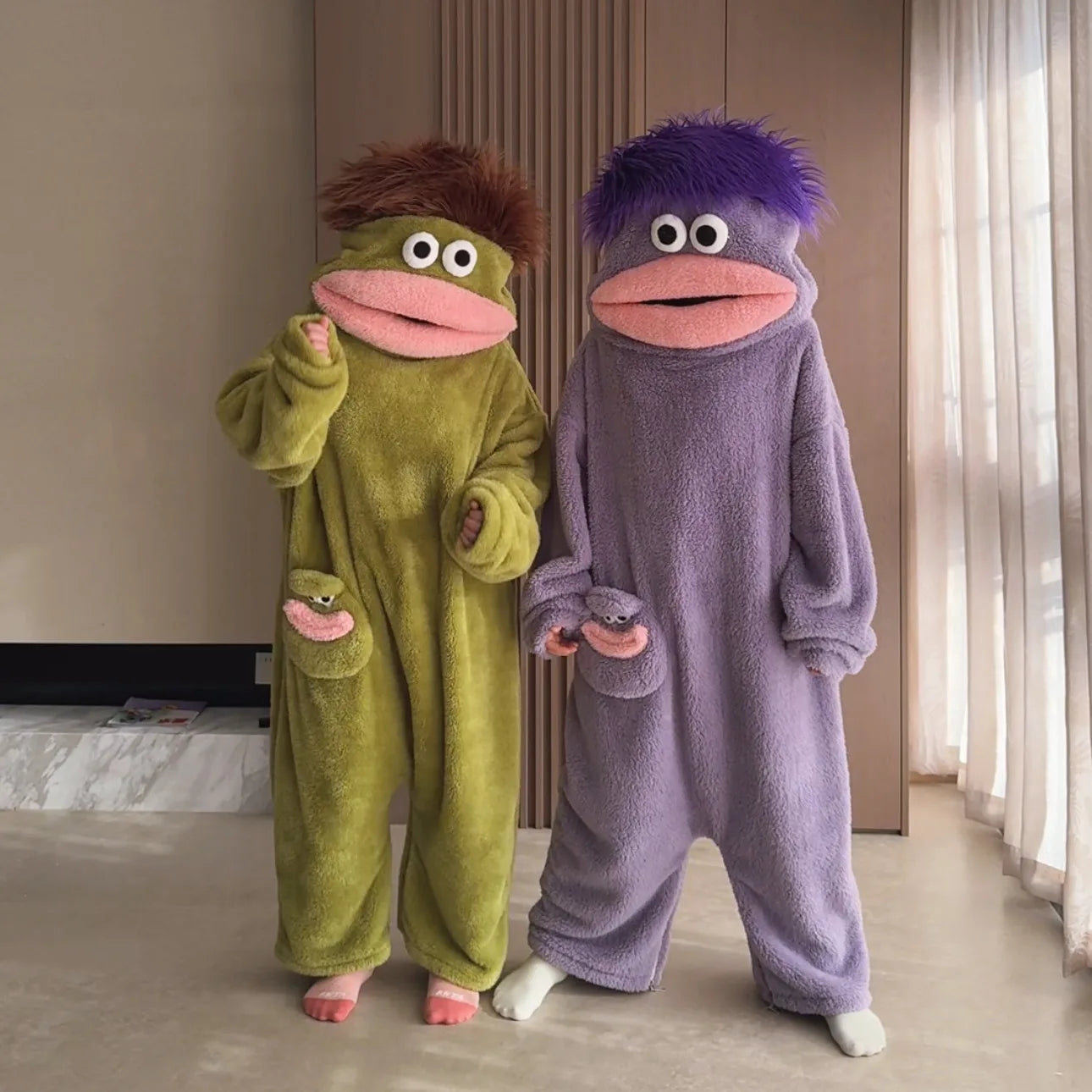 Adult Big Mouth Monster Onesie Pajamas Winter Thick Coral Fleece Warm Funny Ugly Cute Loungewear Unisex Sleepwear Green Purple
