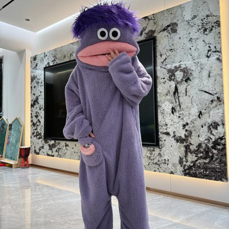 Adult Big Mouth Monster Onesie Pajamas Winter Thick Coral Fleece Warm Funny Ugly Cute Loungewear Unisex Sleepwear Green Purple